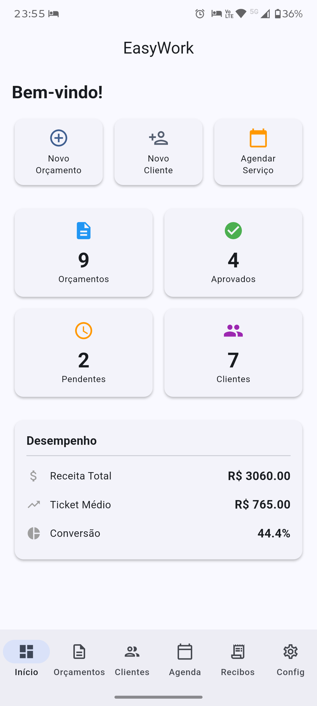 Painel inicial do app EasyWork
