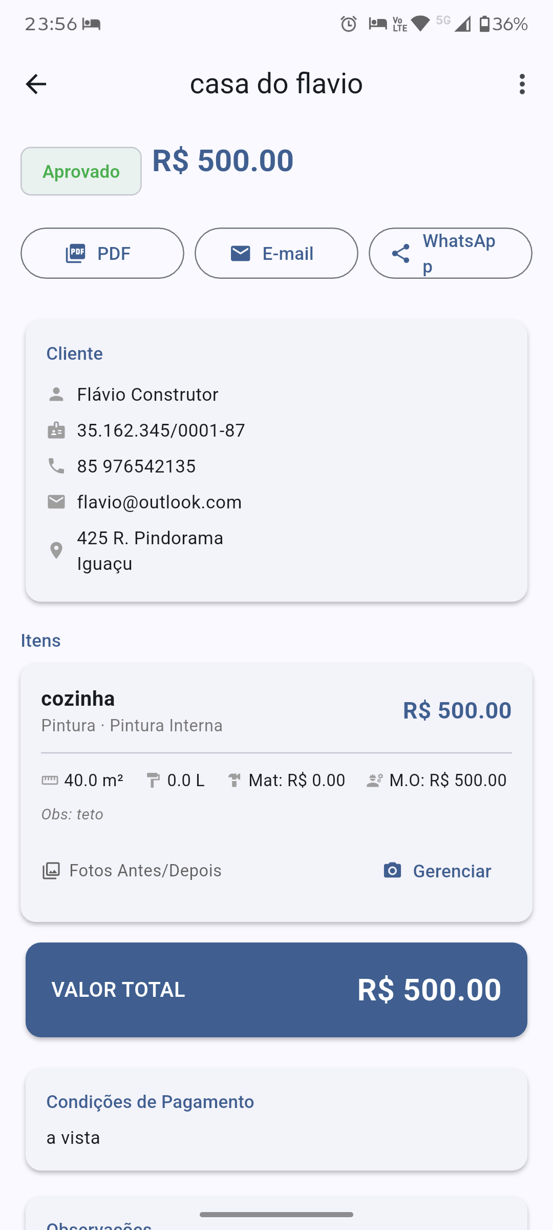 Orçamento aberto no app EasyWork — status aprovado, botões PDF e WhatsApp, dados do cliente e valor total